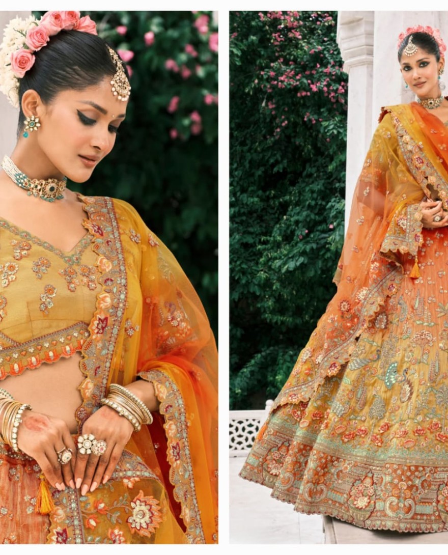 Orange - Cadmium Orange Fancy Silk Lehenga Choli With Cut Work Embroidery Border & Stone Work